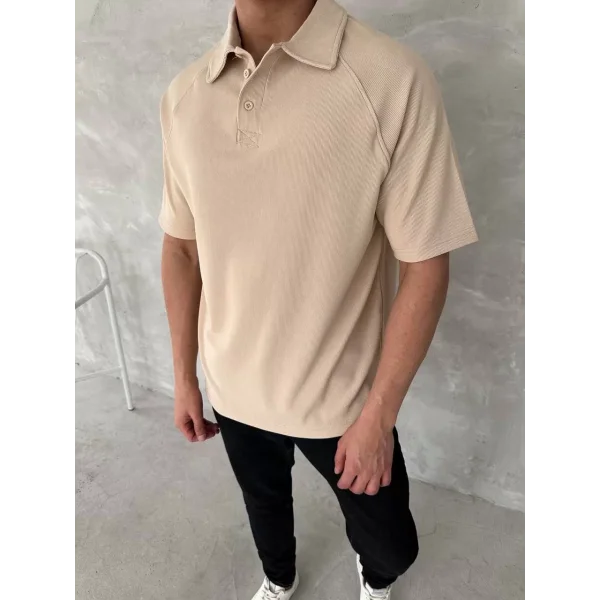 Yakalı Patlı Kısa Kol T-shirt - Bej