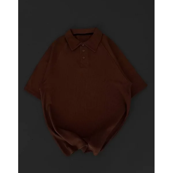 Yakalı Patlı Kısa Kol T-shirt - Kahverengi