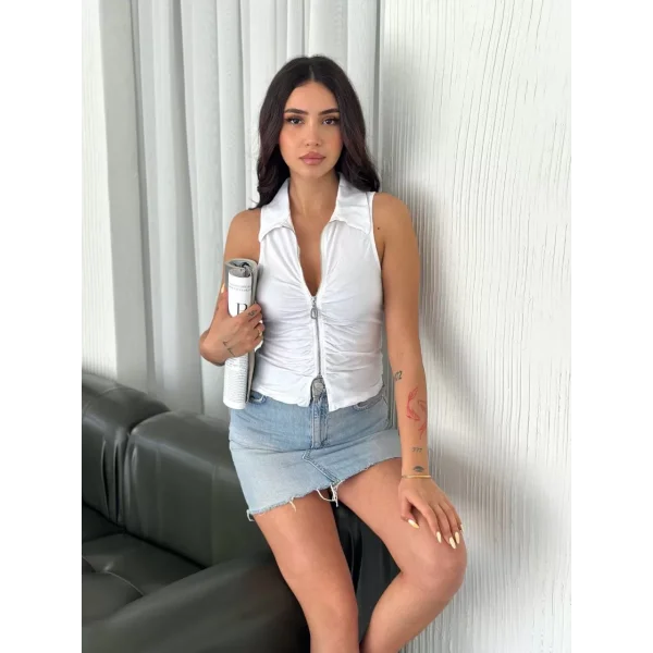 Yakalı Tam Fermuarlı Kolsuz Bluz - Beyaz