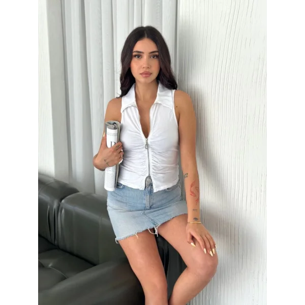 Yakalı Tam Fermuarlı Kolsuz Bluz - Beyaz