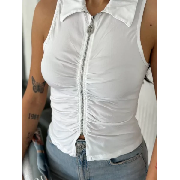 Yakalı Tam Fermuarlı Kolsuz Bluz - Beyaz