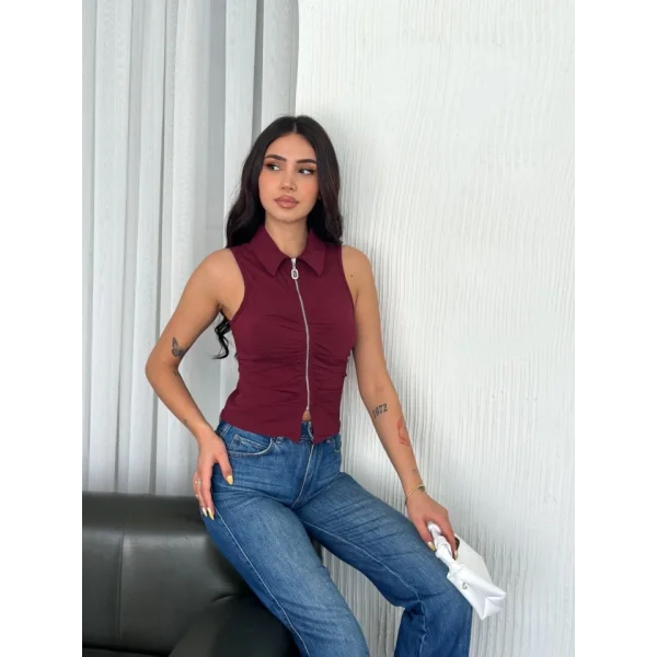 Yakalı Tam Fermuarlı Kolsuz Bluz - Bordo