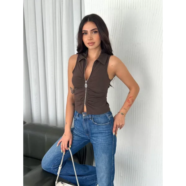 Yakalı Tam Fermuarlı Kolsuz Bluz - Kahverengi