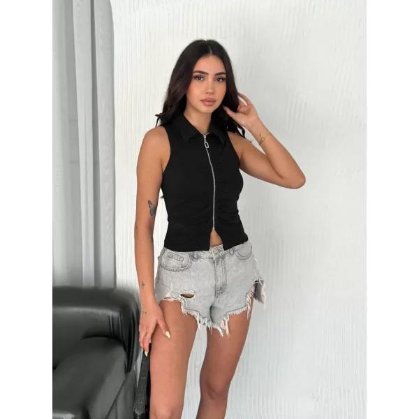 Yakalı Tam Fermuarlı Kolsuz Bluz - Siyah