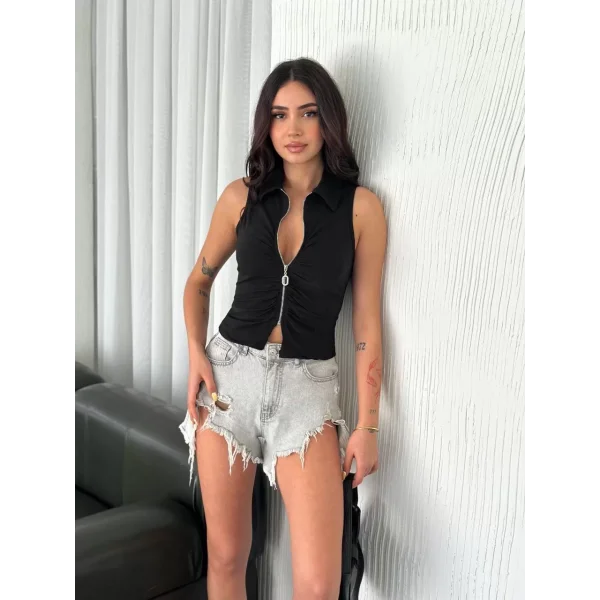 Yakalı Tam Fermuarlı Kolsuz Bluz - Siyah