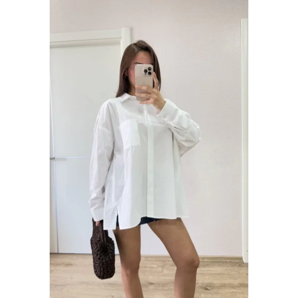 Yakalı Yandan Yırtmaçlı Gömlek - Beyaz