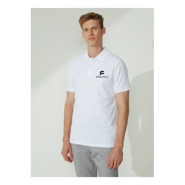 Yakası Düğmeli Yakalı Pike Baskılı T-Shirt - Beyaz