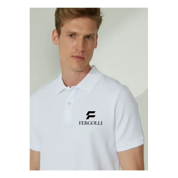 Yakası Düğmeli Yakalı Pike Baskılı T-Shirt - Beyaz