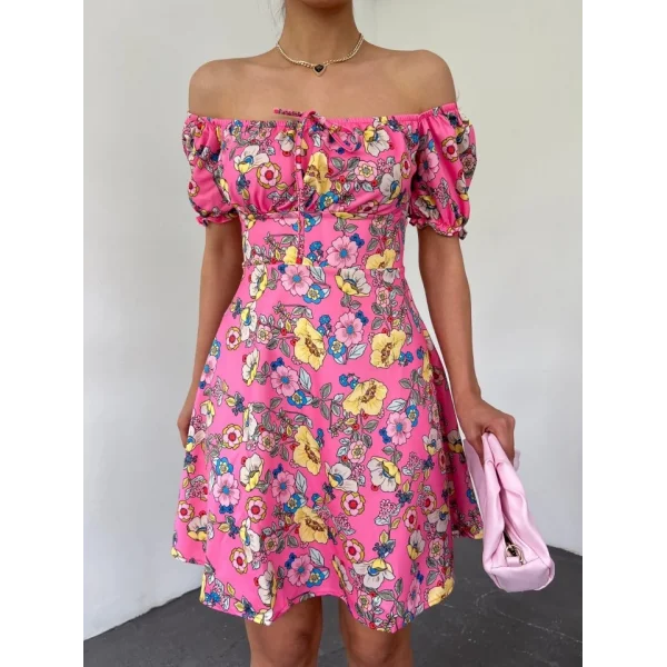 Yakası Lastikli Bağcık Detaylı Mini Elbise -Pembe