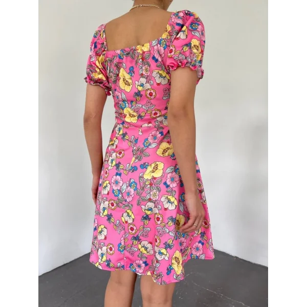 Yakası Lastikli Bağcık Detaylı Mini Elbise -Pembe