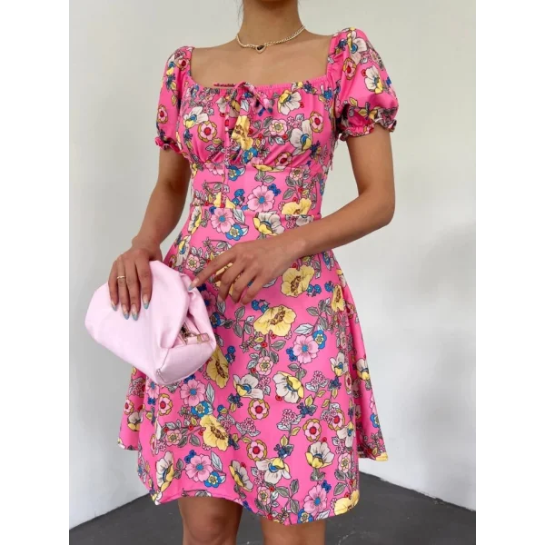 Yakası Lastikli Bağcık Detaylı Mini Elbise -Pembe