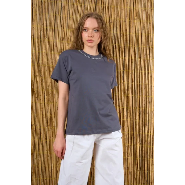 Yakası Taşlı Tshirt  Füme