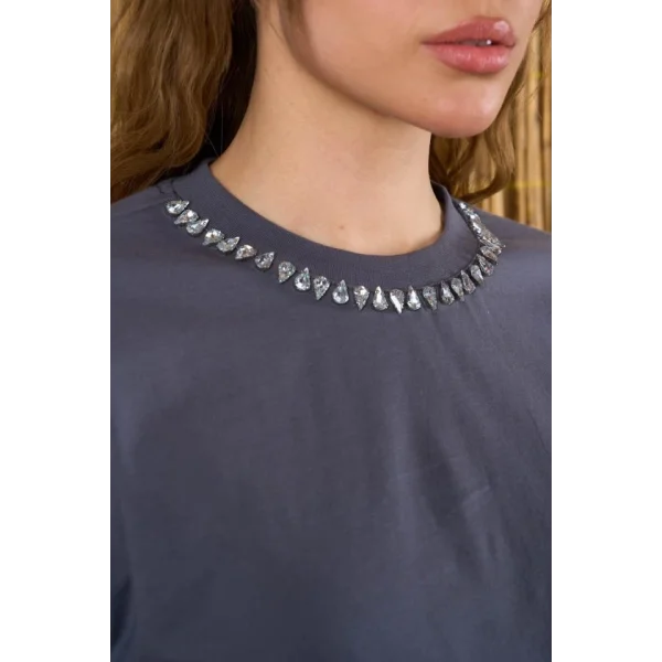 Yakası Taşlı Tshirt  Füme