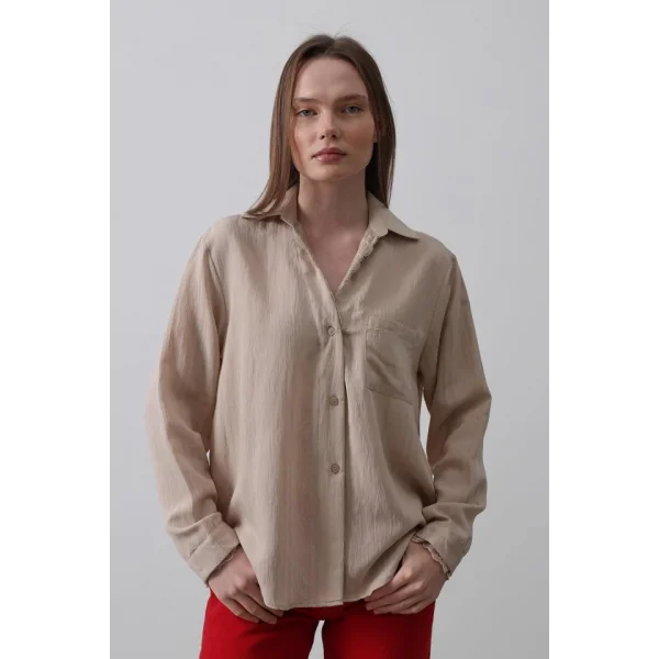 Yakası Ve Kolları Dantel Detaylı Gömlek - Bej