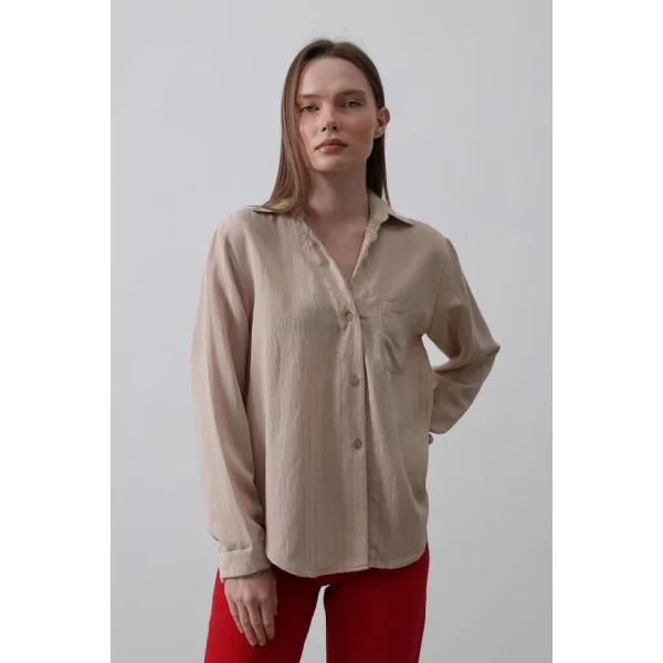 Yakası Ve Kolları Dantel Detaylı Gömlek - Bej