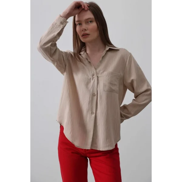 Yakası Ve Kolları Dantel Detaylı Gömlek - Bej