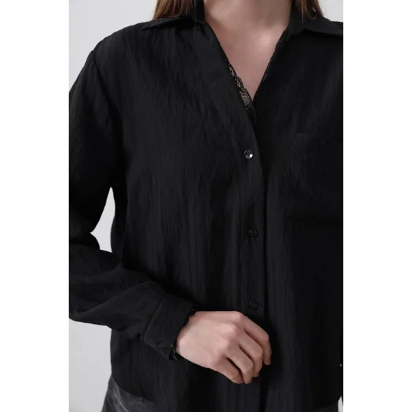 Yakası Ve Kolları Dantel Detaylı Gömlek - Siyah