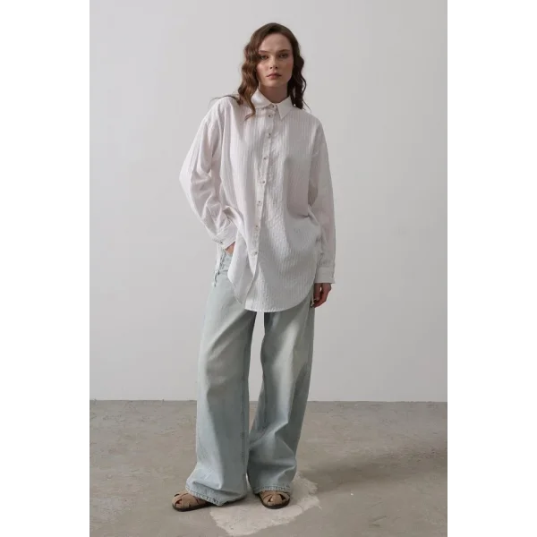 Yan Büzmeli Tunik Gömlek - Beyaz