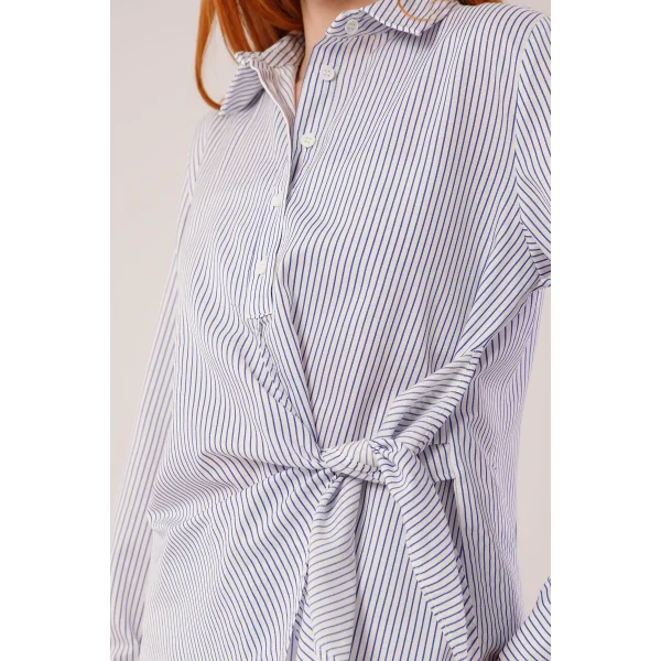 Yandan Bağlama Detaylı Çizgili Beyaz Gömlek