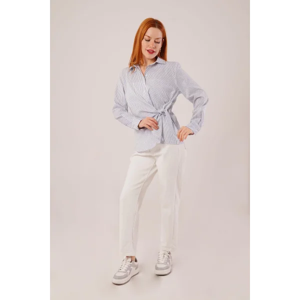 Yandan Bağlama Detaylı Çizgili Beyaz Gömlek