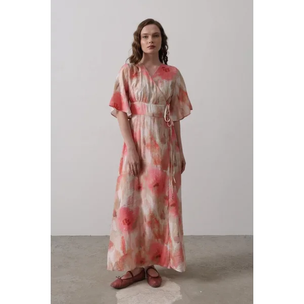 Yandan Bağlamalı Desenli Elbise - Pembe