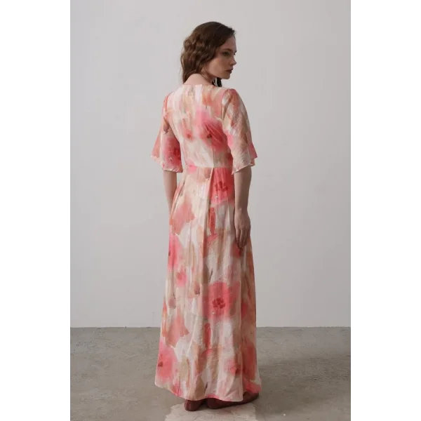 Yandan Bağlamalı Desenli Elbise - Pembe