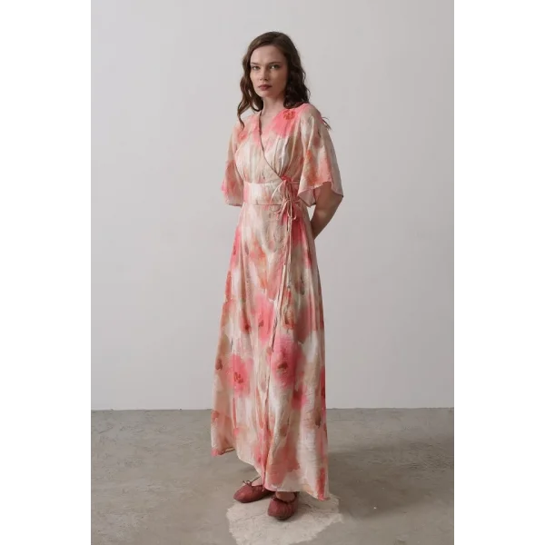 Yandan Bağlamalı Desenli Elbise - Pembe