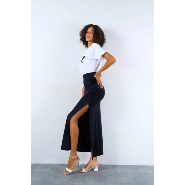 Yandan Büzgülü Güllü Etek  iyah