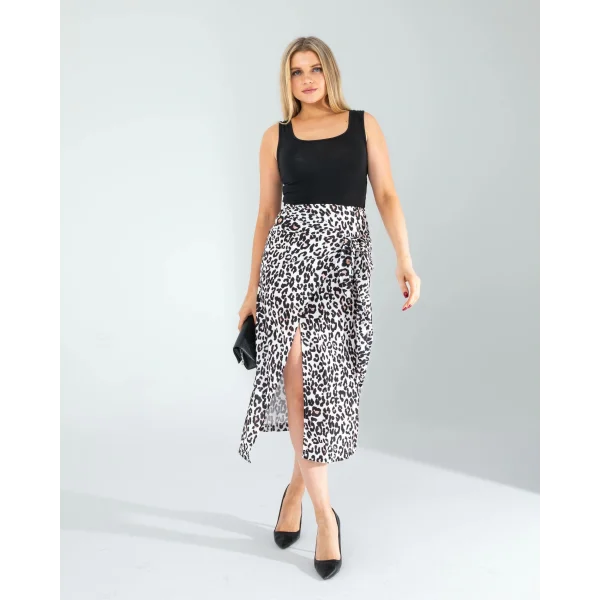 Yandan Büzgülü Leopar Desenli Saten Etek