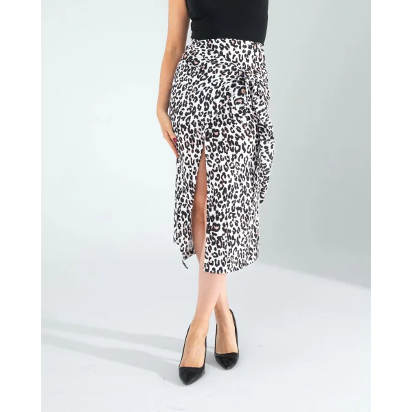 Yandan Büzgülü Leopar Desenli Saten Etek