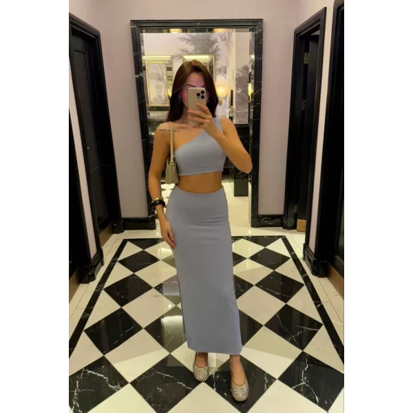 Yandan yırtmaçlı Uzun Etek asimetrik crop İkili Takım - Bebek Mavisi