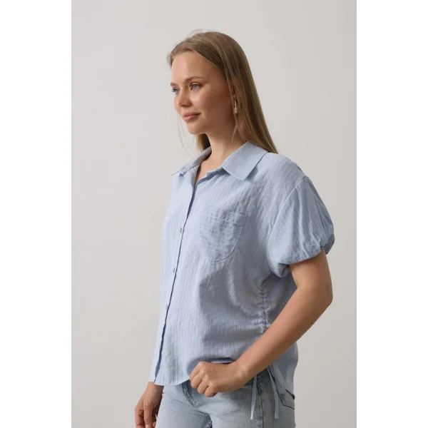 Yanlar Büzmeli Kısa Balon Kol Gömlek - Bebe Mavisi