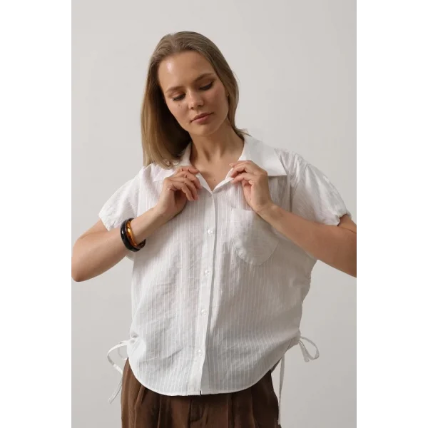 Yanlar Büzmeli Kısa Balon Kol Gömlek - Beyaz
