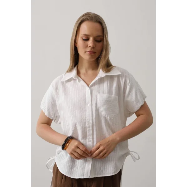 Yanlar Büzmeli Kısa Balon Kol Gömlek - Beyaz