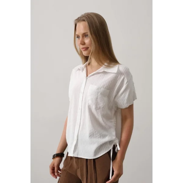 Yanlar Büzmeli Kısa Balon Kol Gömlek - Beyaz