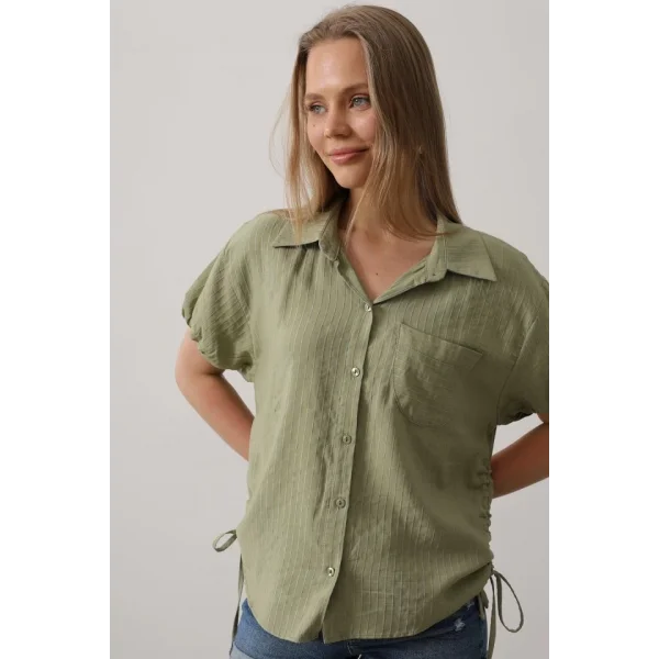 Yanlar Büzmeli Kısa Balon Kol Gömlek - Haki