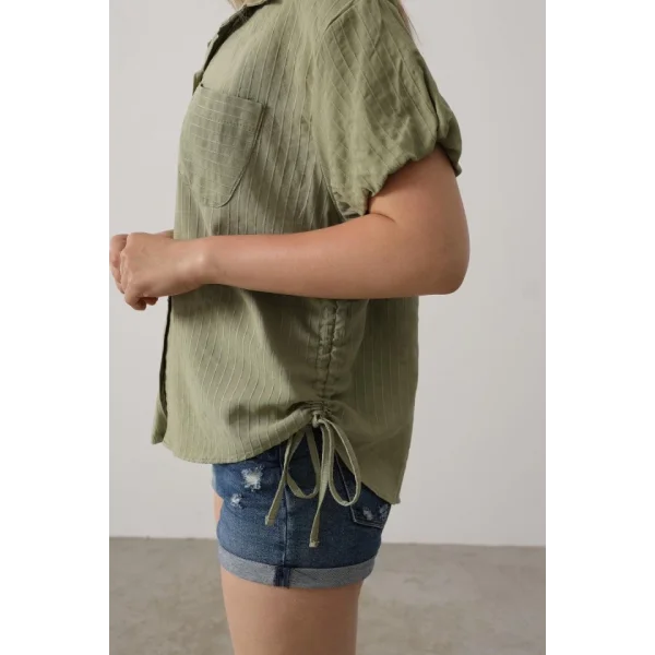 Yanlar Büzmeli Kısa Balon Kol Gömlek - Haki