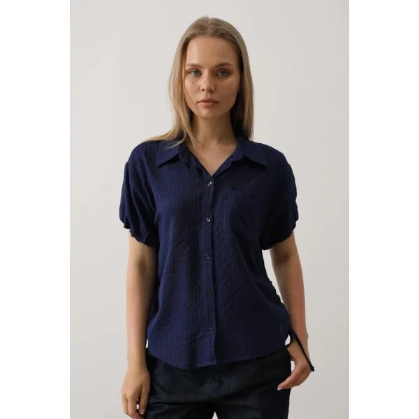 Yanlar Büzmeli Kısa Balon Kol Gömlek - Lacivert