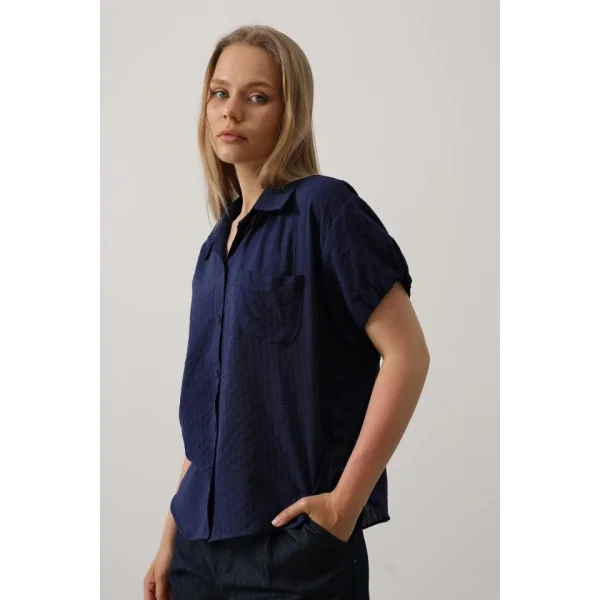 Yanlar Büzmeli Kısa Balon Kol Gömlek - Lacivert