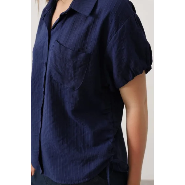 Yanlar Büzmeli Kısa Balon Kol Gömlek - Lacivert