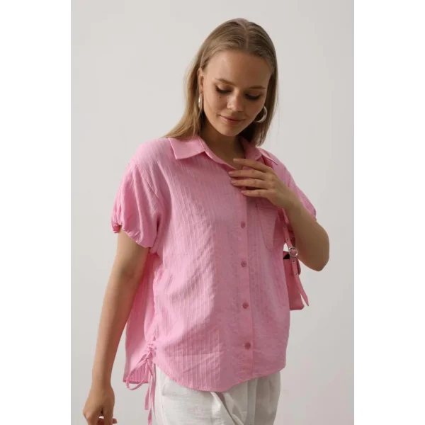 Yanlar Büzmeli Kısa Balon Kol Gömlek - Pembe
