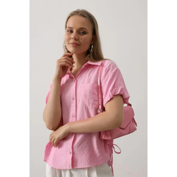 Yanlar Büzmeli Kısa Balon Kol Gömlek - Pembe