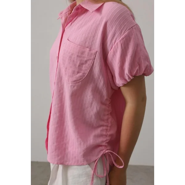 Yanlar Büzmeli Kısa Balon Kol Gömlek - Pembe