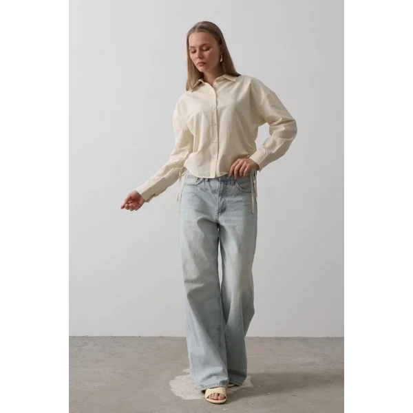 Yanları Bağlamalı Basic Gömlek - Ekru