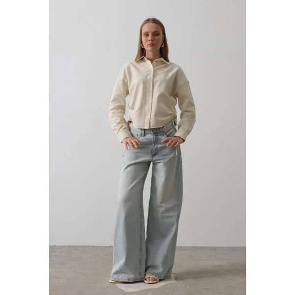 Yanları Bağlamalı Basic Gömlek - Ekru