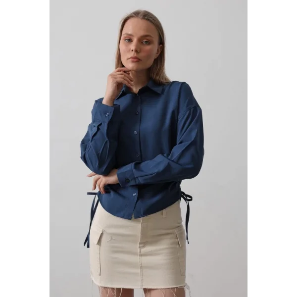 Yanları Bağlamalı Basic Gömlek - İndigo