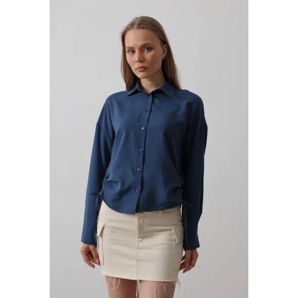 Yanları Bağlamalı Basic Gömlek - İndigo