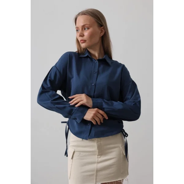 Yanları Bağlamalı Basic Gömlek - İndigo