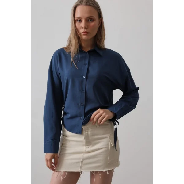 Yanları Bağlamalı Basic Gömlek - İndigo
