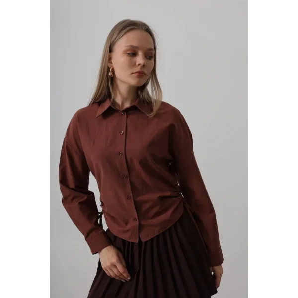 Yanları Bağlamalı Basic Gömlek - Koyu Kahve